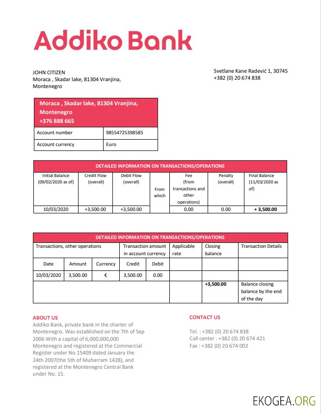 Relevé de la banque Addiko du Monténégro